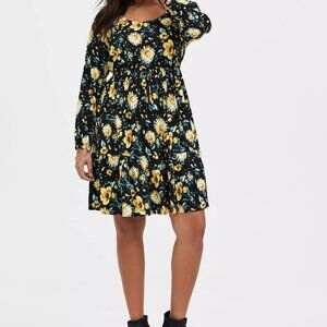 Size 0 (Large) TORRID Mini Skater Dress Yellow Flowers black summer spring